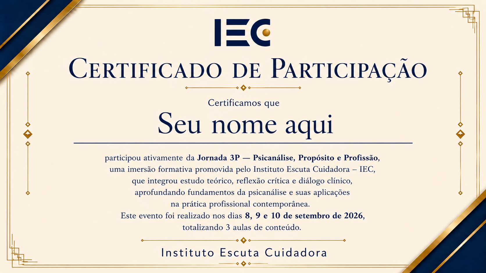 Exemplo do Certificado de Participação da Jornada 3P com o texto Seu nome aqui