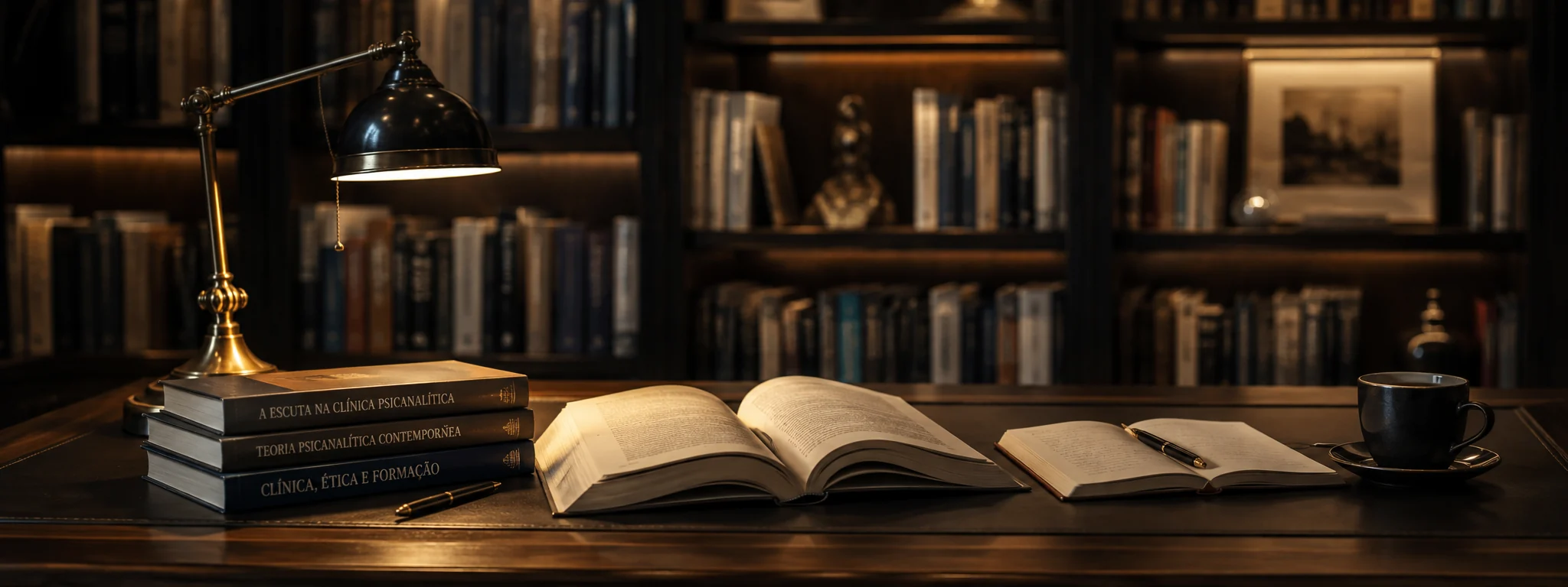 Biblioteca e mesa de estudos representando aprofundamento e formação
